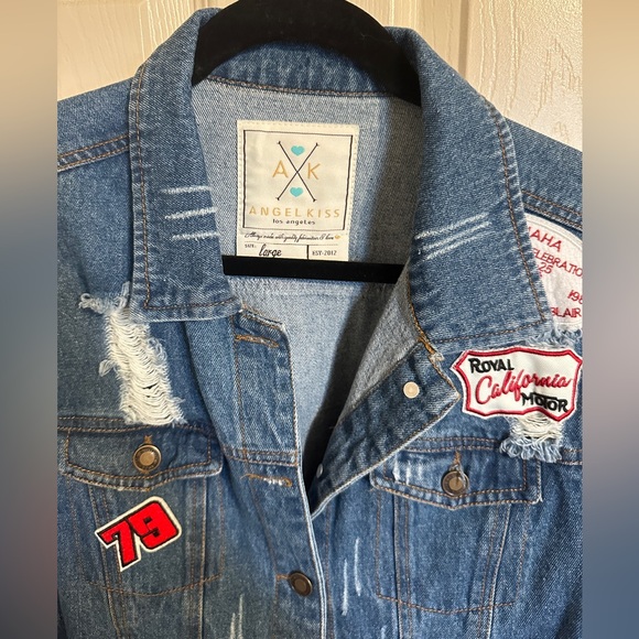 Angel Kiss Jean Jacket w Decorative Patches, Blue, Red & White, Sz Large - Picture 2 of 6